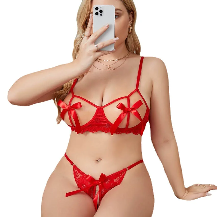 

Europe and the United States hot selling large size erotic lingerie sexy lace perspective sweet bow uniform temptation