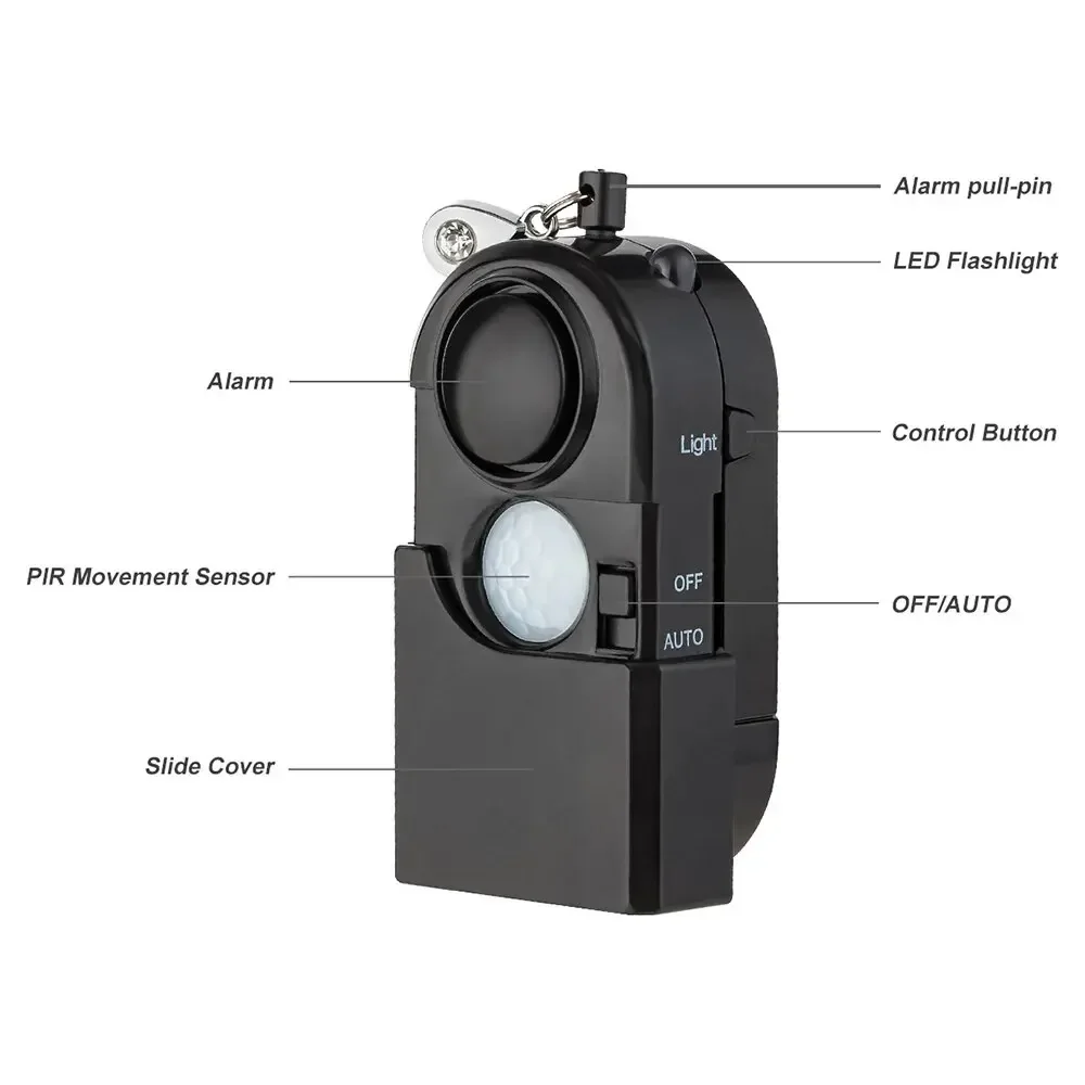 Compact Motion Detector Alarm with 120dB Siren and LED Flashlight