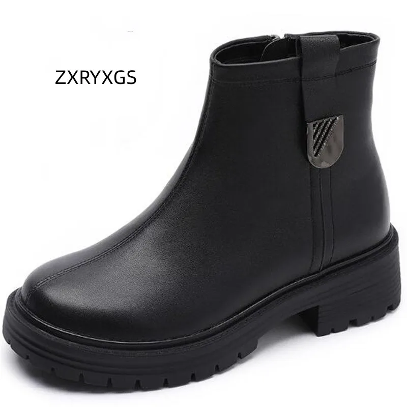 

ZXRYXGS Top Cowhide Autumn Single Women Boots 2023 Large Size Thick Sole Mid Heel Shoes Metal Genuine Leather Boots Winter Boots