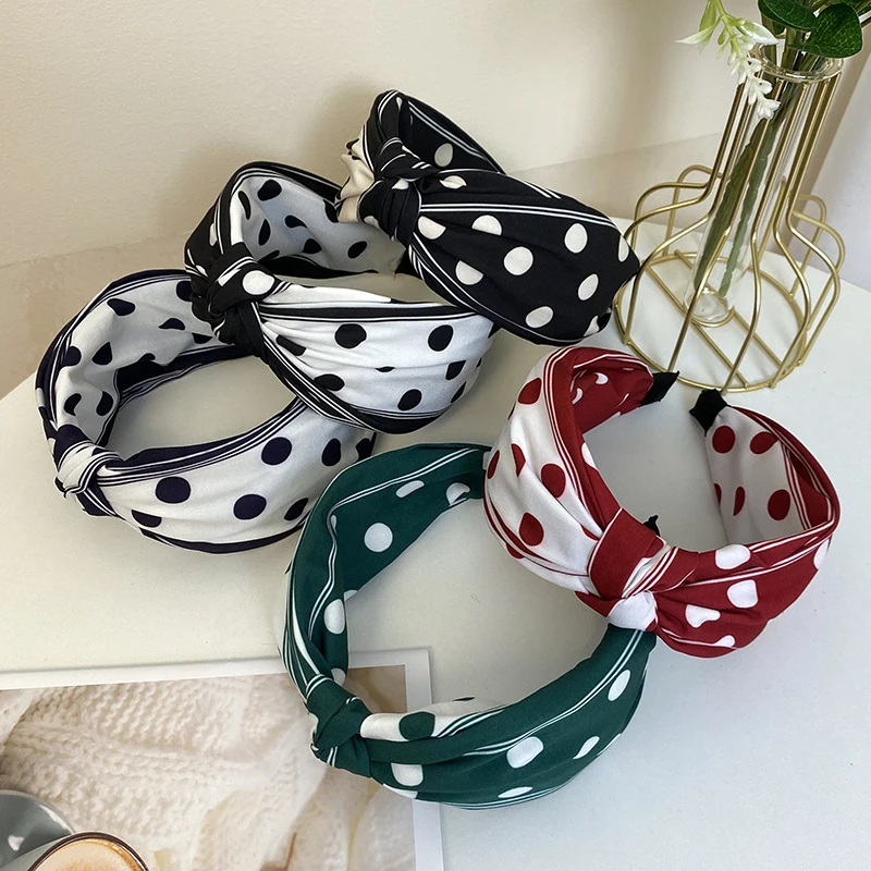 Hot Selling New Wave Point Fabric Hairhoop Headband Classic Fashion Contrast Color Stitching Wide Knotted Crossed Headbands