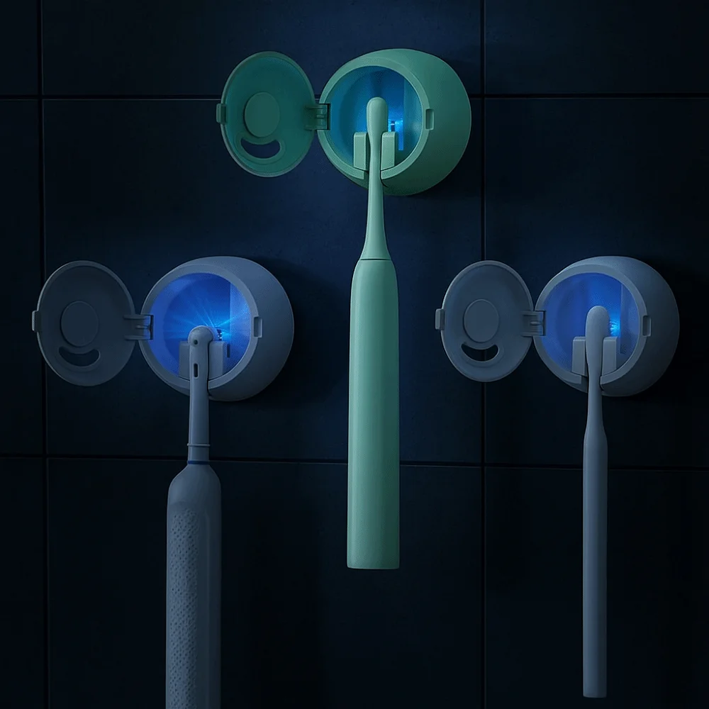 Wall Mounted 2 in 1 Toothbrush Holder Self-adhesive Self-Draining UV Light Toothbrush Cleaner Multifunctional Effective
