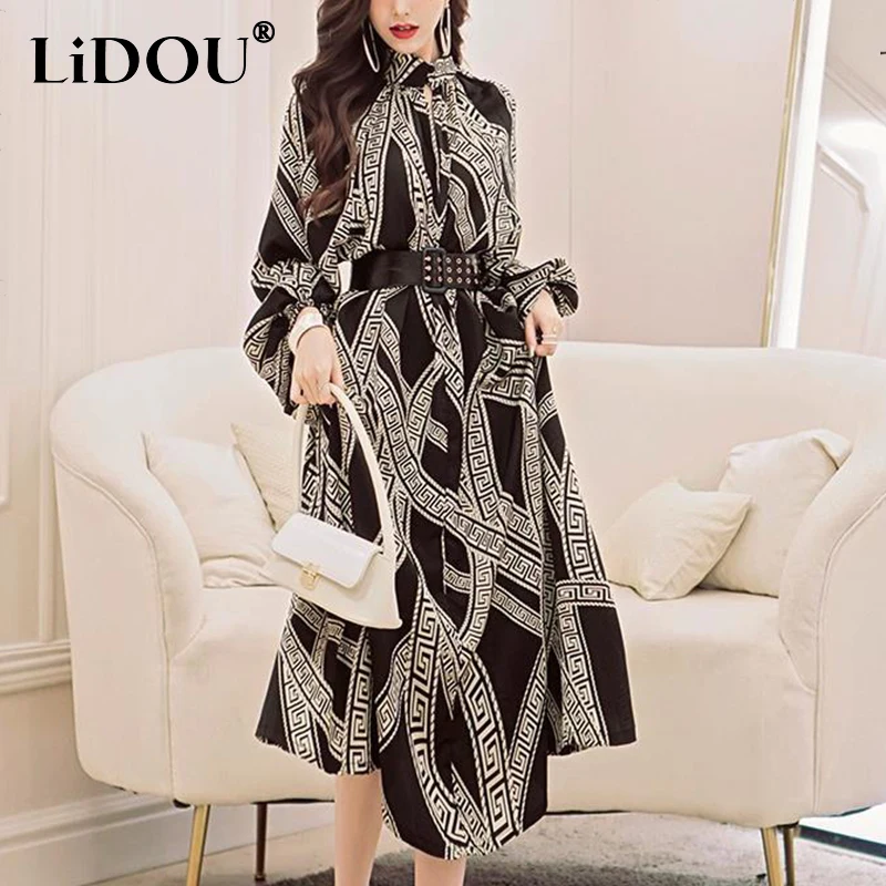 

Spring Autumn Stand Collar Vintage Print Waist Belt Dress Women Long Sleeve Loose Casual Robe Ladies Fashion All-match Dresses