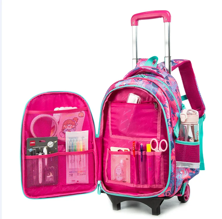 Produktbild von Tanou Trolley Rucksack Mit 6 Rollen, 16 Zoll Leichte Schulranzen Mit Rollen Für Mädchen In Der Grundschule, Abnehmbare Schulrucksack Trolley Für Schule Reisen, 1-3 Klasse, Rosa