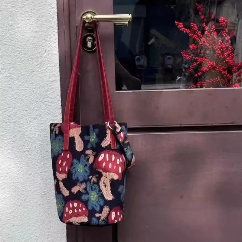 Mushroom Flower Doodle Bucket Handbag Women Black Large Capacity Canvas Shoulder Bag Ladies Cute Fun Shopping Tote Crossbody Bag