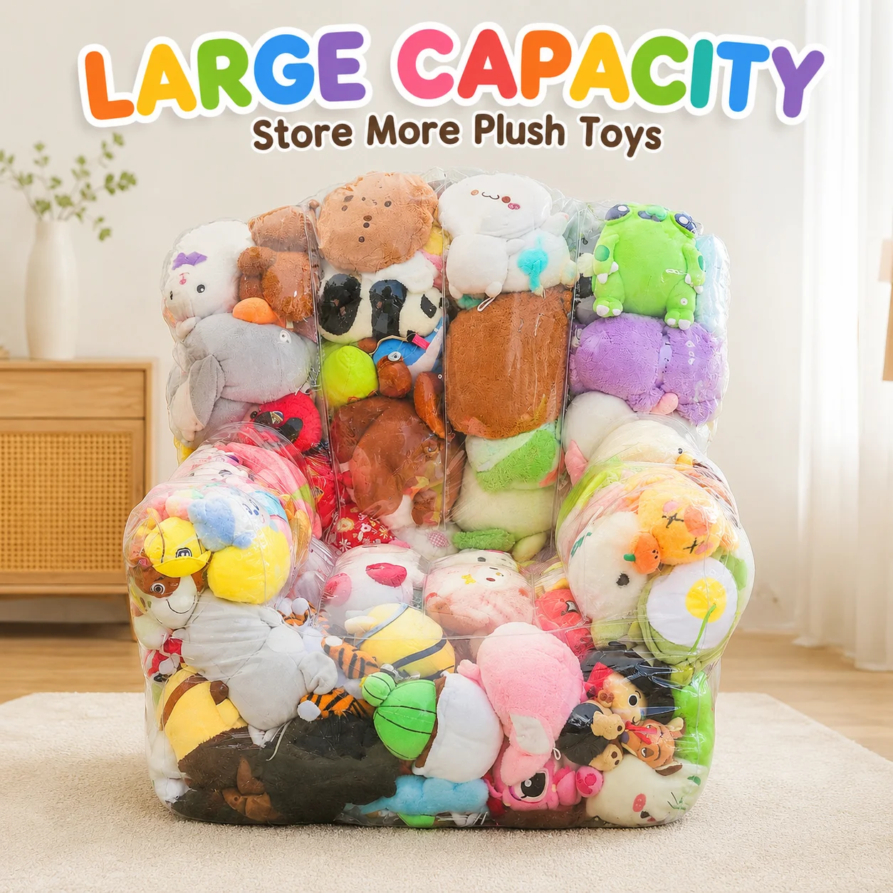 Stuffed Animal Storage Bean Bag Chair Cover Plush Toy Storage Bag Clear PVC Large Capacity Sofa Seat Cube Lounger with Zipper - 3