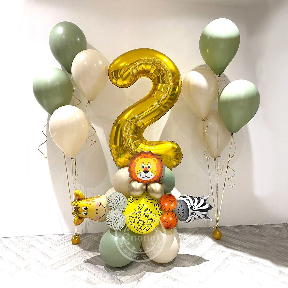 

25PCS Avocado Green Balloon Kit With 30inch Number Jungle Animal Foil Balloons for Kids Baby Shower Birthday Party Decoration
