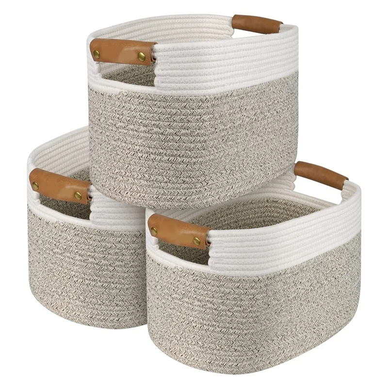 

LUDA 3 Pack Woven Cotton Rope Square Storage Baskets, Shelf Baskets For Organizing,Decorative Baskets With Detachable Handles