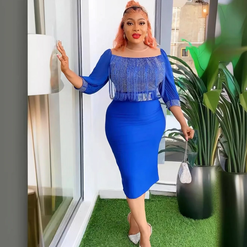 

Африканские платья для женщин, лето-осень, африканская одежда, сексуальное облегающее офисное платье с рукавом 3/4, круглым вырезом и кисточками