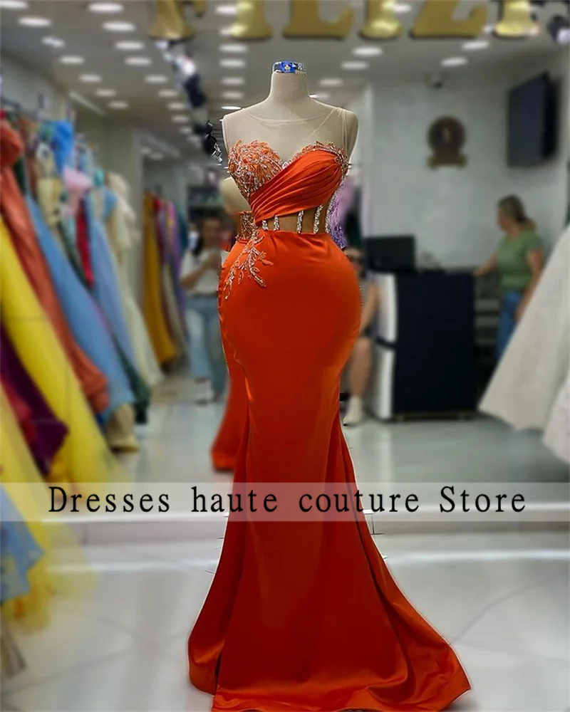 

Elegant Orange Mermaid Evening Dresses 2023 Sheer Neck Beaded Crystals Formal Prom Dress Wedding Party Gown Robe De Soiree