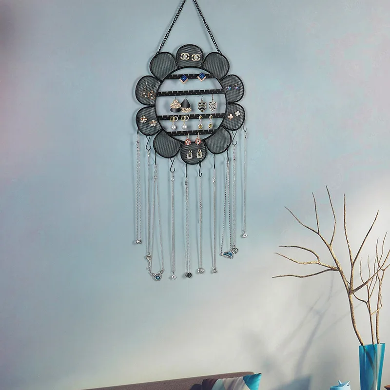 Wall Mounted Sunflower Shape Jewelry Rack Hanging Necklaces Bracelets Holder Grid Shape Display Hooks for Earrings Woman Storage