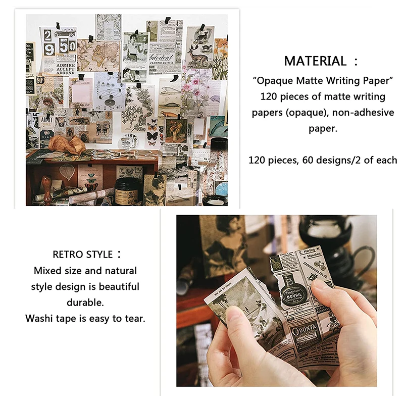200Pcs Vintage Scrapbook Papers Supplies Pack DIY Paper Material Retro Washi Stickers for Art Craft Notebook Album Diary Envelop