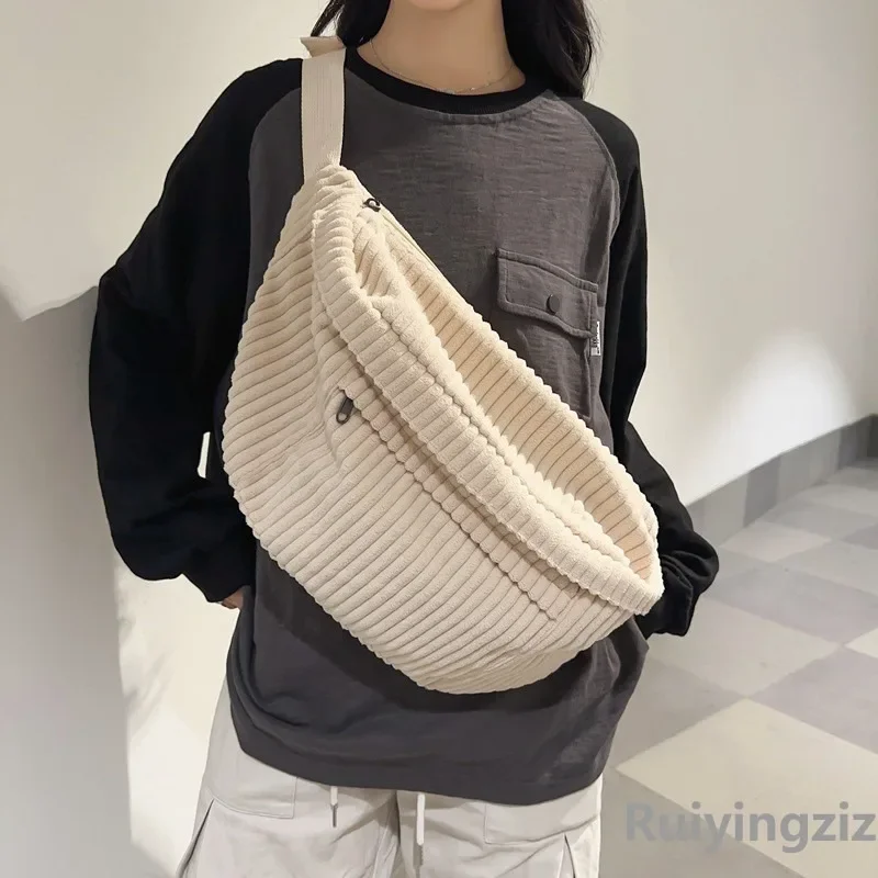Marsupio di grande capacità Borse a tracolla a spalla da donna Marsupio casual Borsa per telefono semplice Marsupio in velluto a coste Borsa a banana da donna - immagine 3