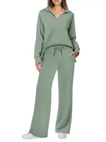 2025 European and American Autumn and Winter New Fashion Casual Women's Long Sleeved Drawstring Solid Color Commuting Pants Set