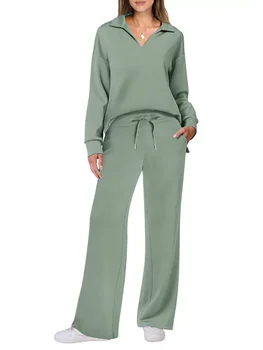 2025 European and American Autumn and Winter New Fashion Casual Women's Long Sleeved Drawstring Solid Color Commuting Pants Set 1