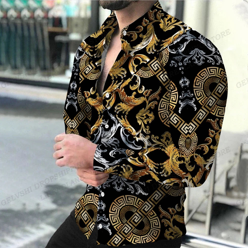 

Long Sleeve Hawaii Shirts Men Fashion Shirt Luxury European Style Blouse Golden Beach Blouse Men Clothing Vocation Camisas Male