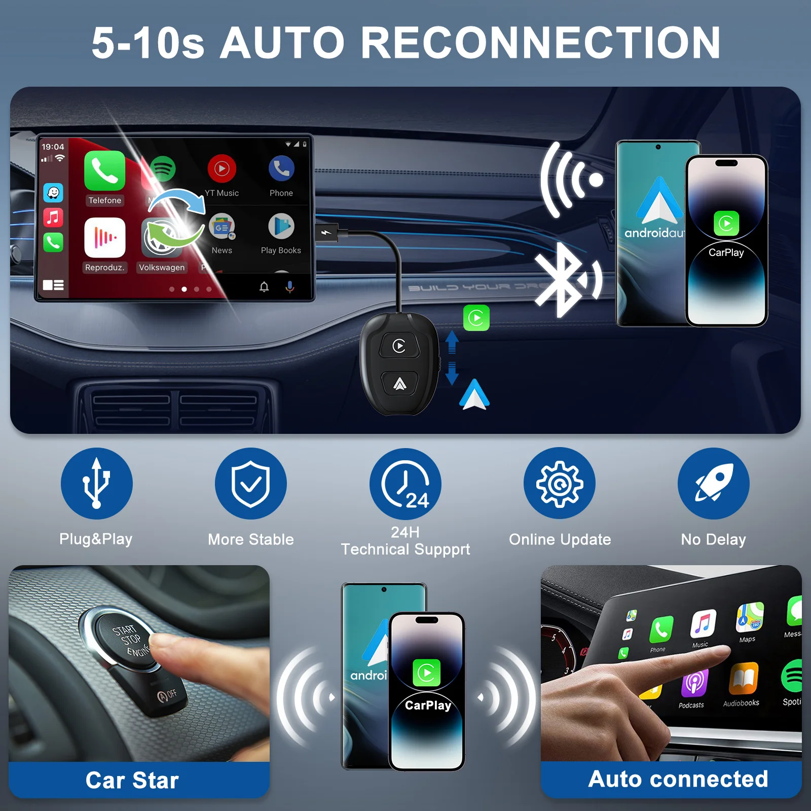 Wireless Android Auto & Apple CarPlay 2 in 1 Adapter 5.8 GHz For Factory Wired CarPlay Cars