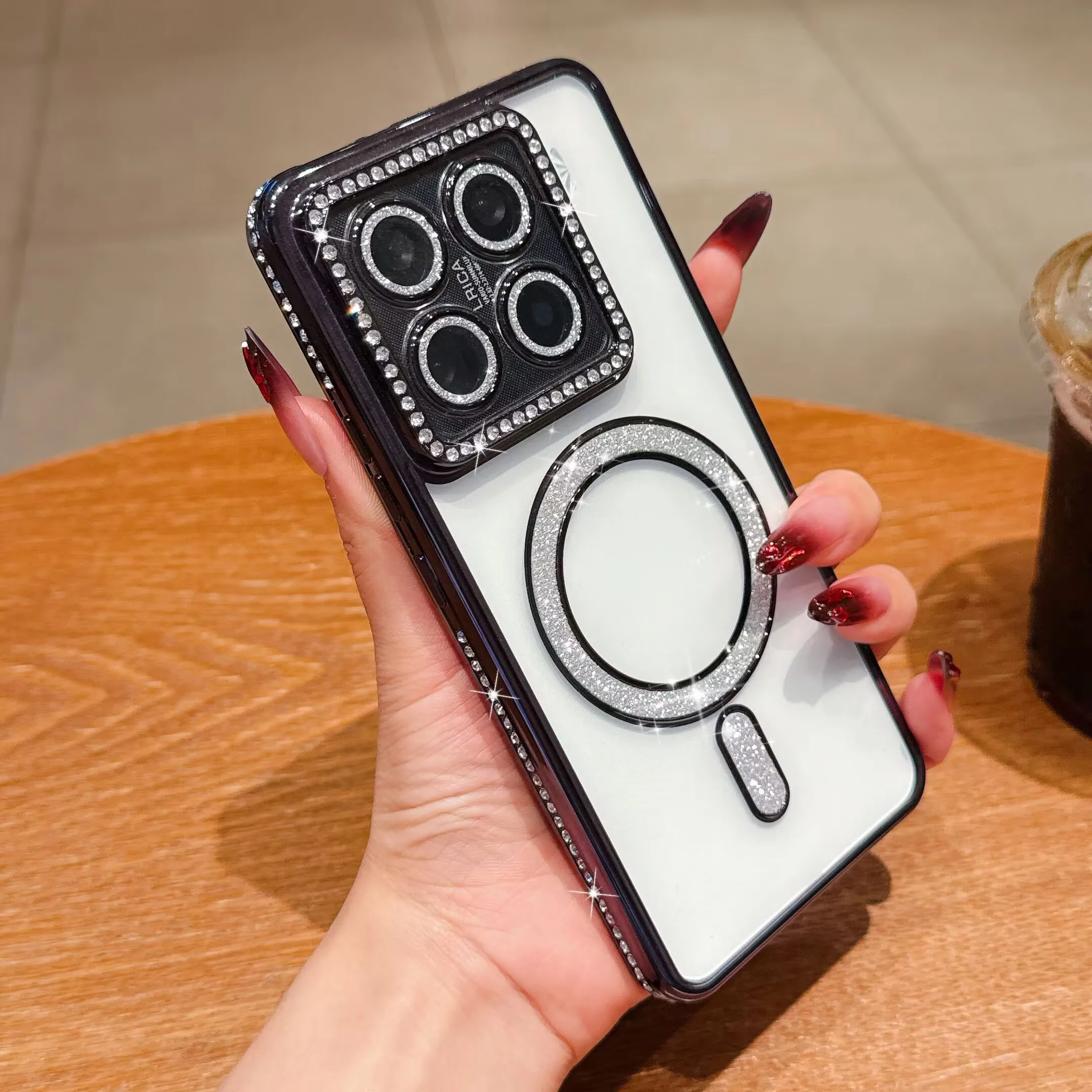 Crystal Clear Bling Magnetic Wireless Charging Phone Case with Lens Film Cover