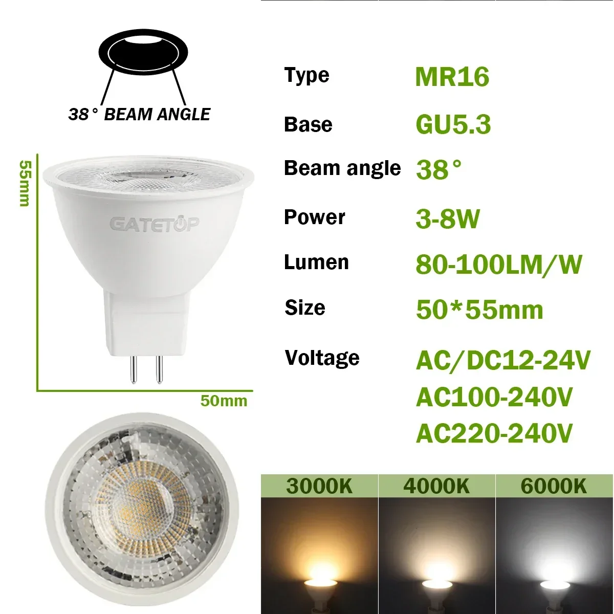 Description Picture 6 of item50PCS MR16 Lampada GU5.3 Base Bulb LED Spotlight AC110V 220V 12V Bombilla Spot Light Replace The 40W Halogen Lamp Home Derection