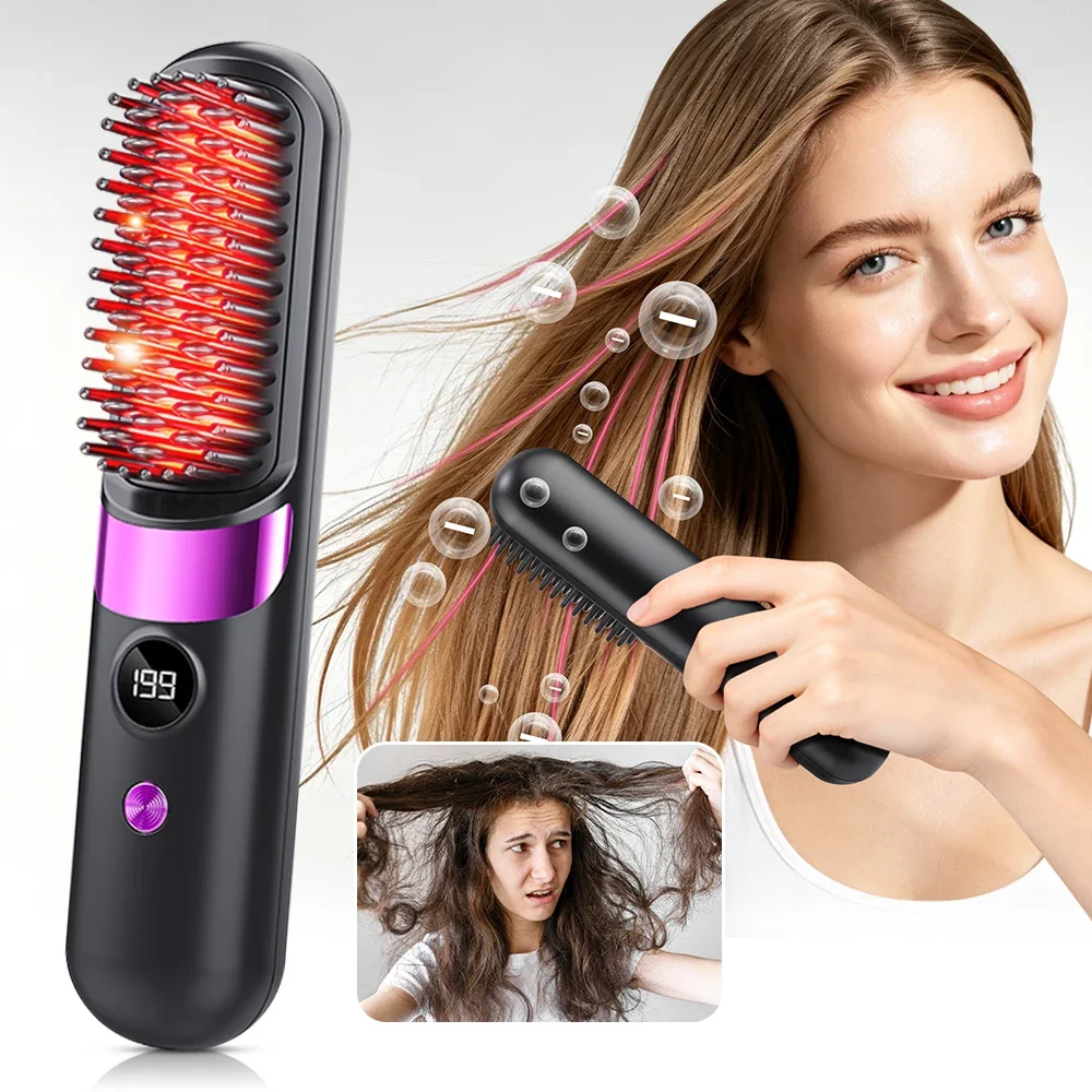 Brosse lissante portable 4 réglages de température Peigne lissant sans fil Affichage LED Revêtement céramique Technologie ionique USB 1 Brosse lissante portable 4 réglages de température Peigne lissant sans fil Affichage LED Revêtement céramique Technologie ionique USB 1
