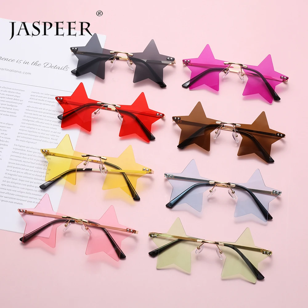 JASPEER Rimless Star Shape Sunglasses Driving Trendy Eyeglasses Women Men Party Glasses Funny Pentagram Eyewear Christmas Decor