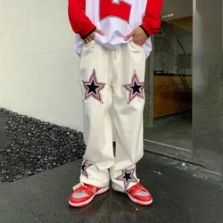 Printed Pentagram Embroidery Black Hip Hop Men Straight Jeans Trousers Streetwear Male Baggy Denim Washed Pants Fashion Harajuku