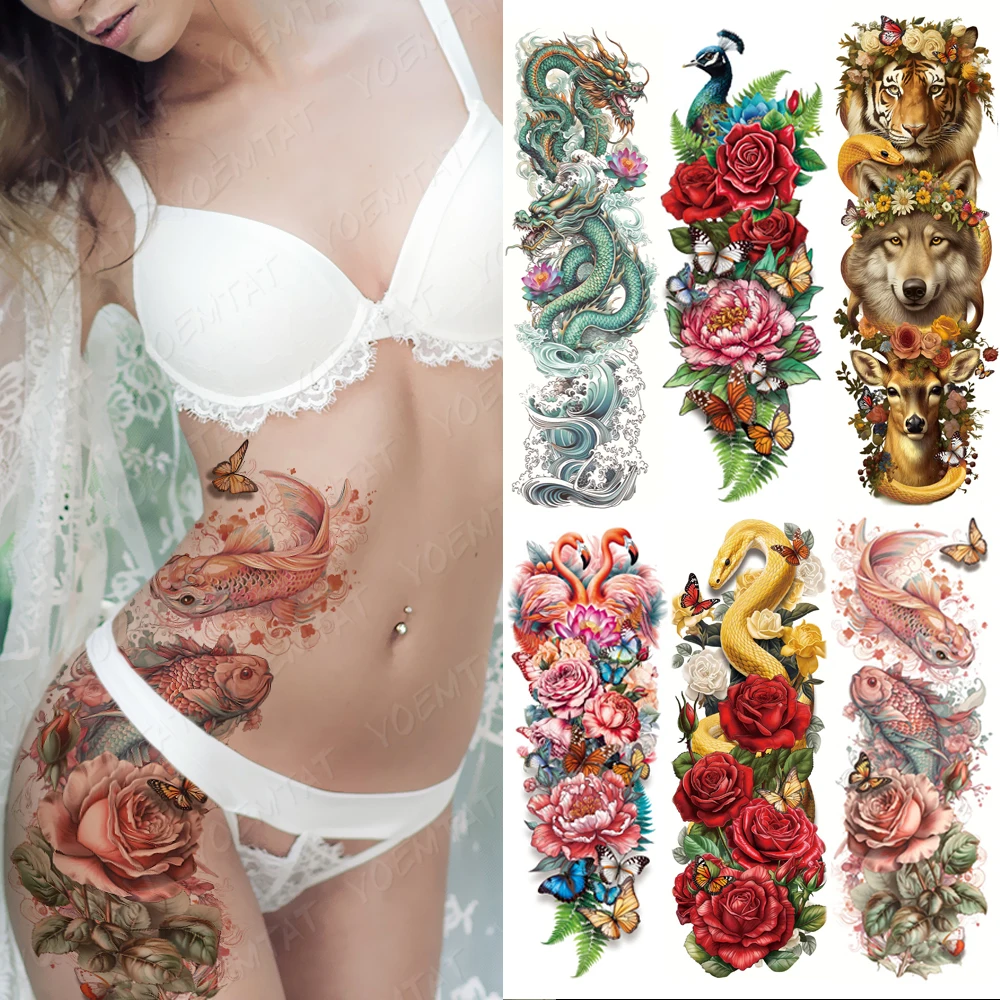 Grote Arm Mouw Tattoo Pauw Rose Flamingo Vis Vlinder Waterdichte Tijdelijke  Tattoo Stickers Japanse Body Art Full Nep Ta - AliExpress, image size:1000x1000