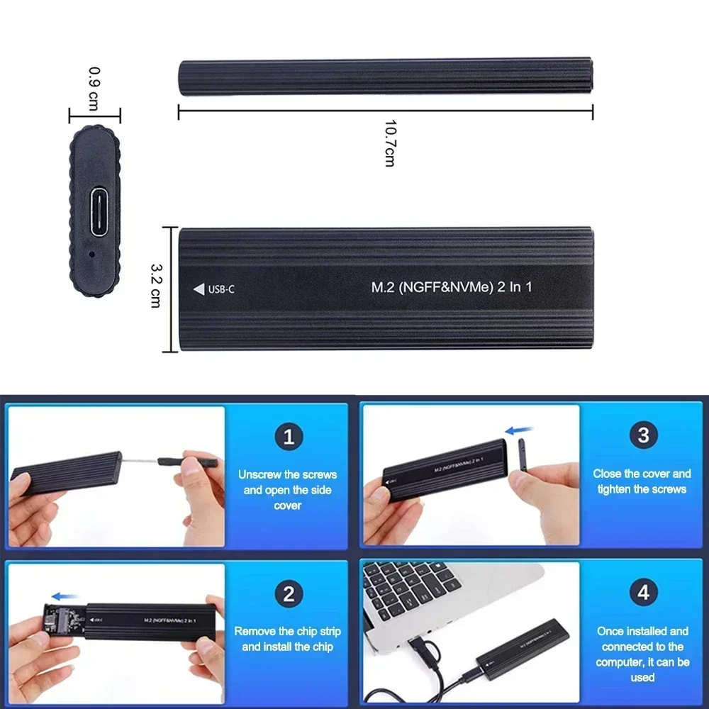 SSD enclosure NVME M.2 Solid State Drive External Enclosure 2230/2242/2260/2280 M.2 to USB C 10Gbps Aluminum Case Type A + C For M/M + B Key