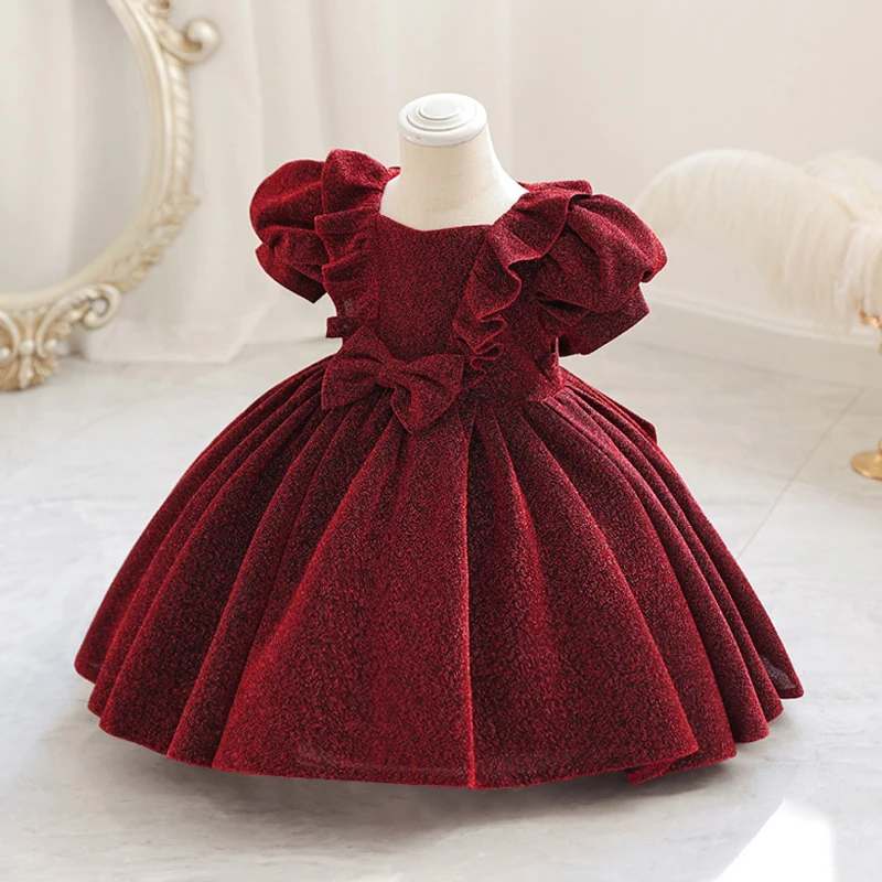 

New high-end new 1-5 year old baby birthday first birthday bubble sleeve sequin bow tie dress cute toddler wedding party dress