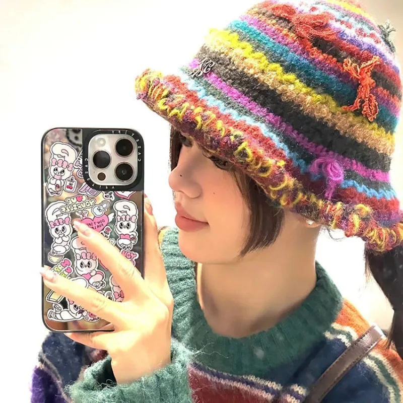 

Ins Popular Dopamine Color Matching Striped Sweet Bucket Hat Autumn and Winter Korean Version Cute Bow Warm Women's Caps