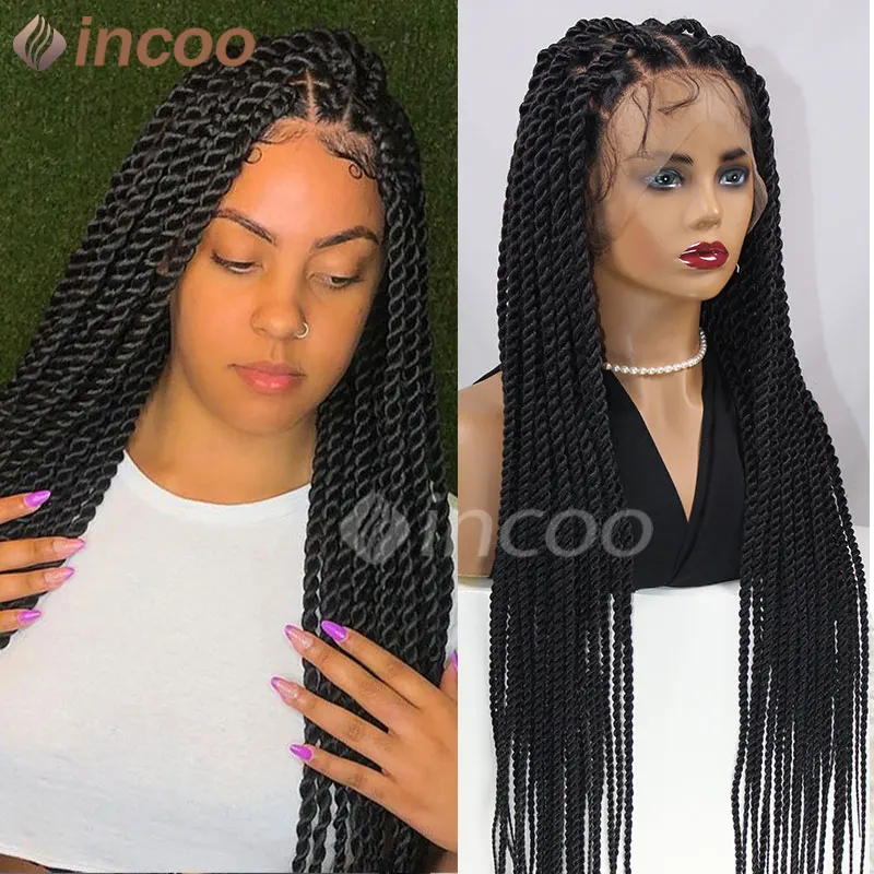 

36" Long Black Braided Wigs for Black Women Senegalese Box Braid Wig Knotless Synthetic full Lace Front Braided Wigs Baby Hair