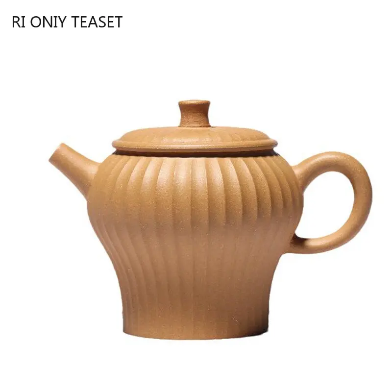 

230ml Chinese Yixing Purple Clay Teapots Famous Handmade Stripe Shape Tea Pot Raw Ore Gold Section Mud Kettle Zisha Tea Set