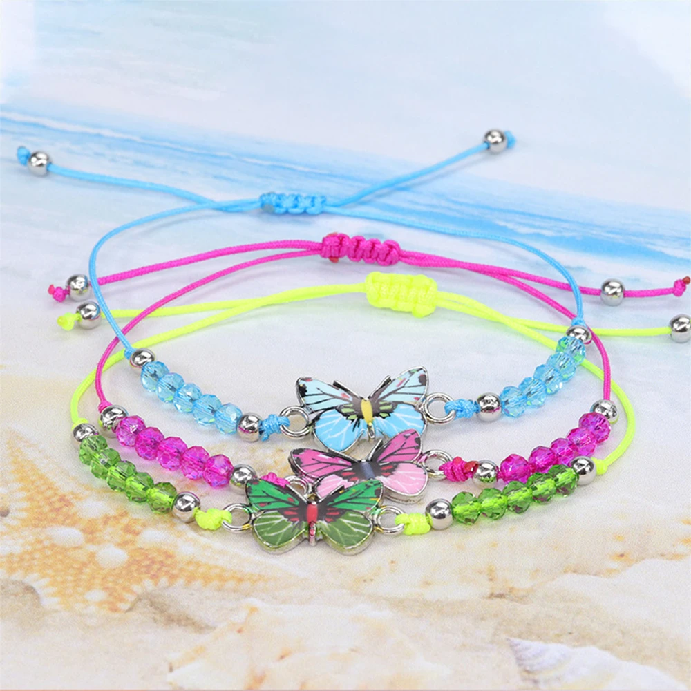 Crystal Butterfly Bead Woven Rope Necklace Women Kids Jewelry For Girls  Cute Charm Jewelry Summer Beach Accessories