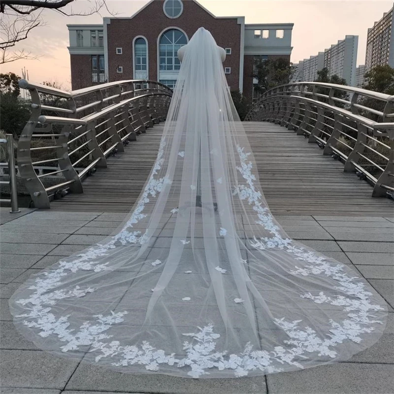 

Real Photos Long Lace Appliques Wedding Veil White Ivory Cathedral 1 Layer Bridal Veil 3.5 Meters Bride Veil Wedding Accessories