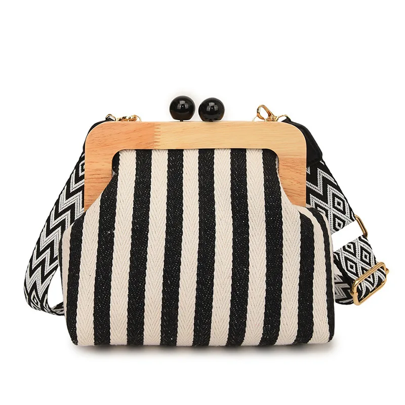 Fashion Striped Wooden Clip Shell Clutch Bag for Women Wide Strap Shoulder Bags Elegant Canvas Crossbody Bag Summer Beach Purses