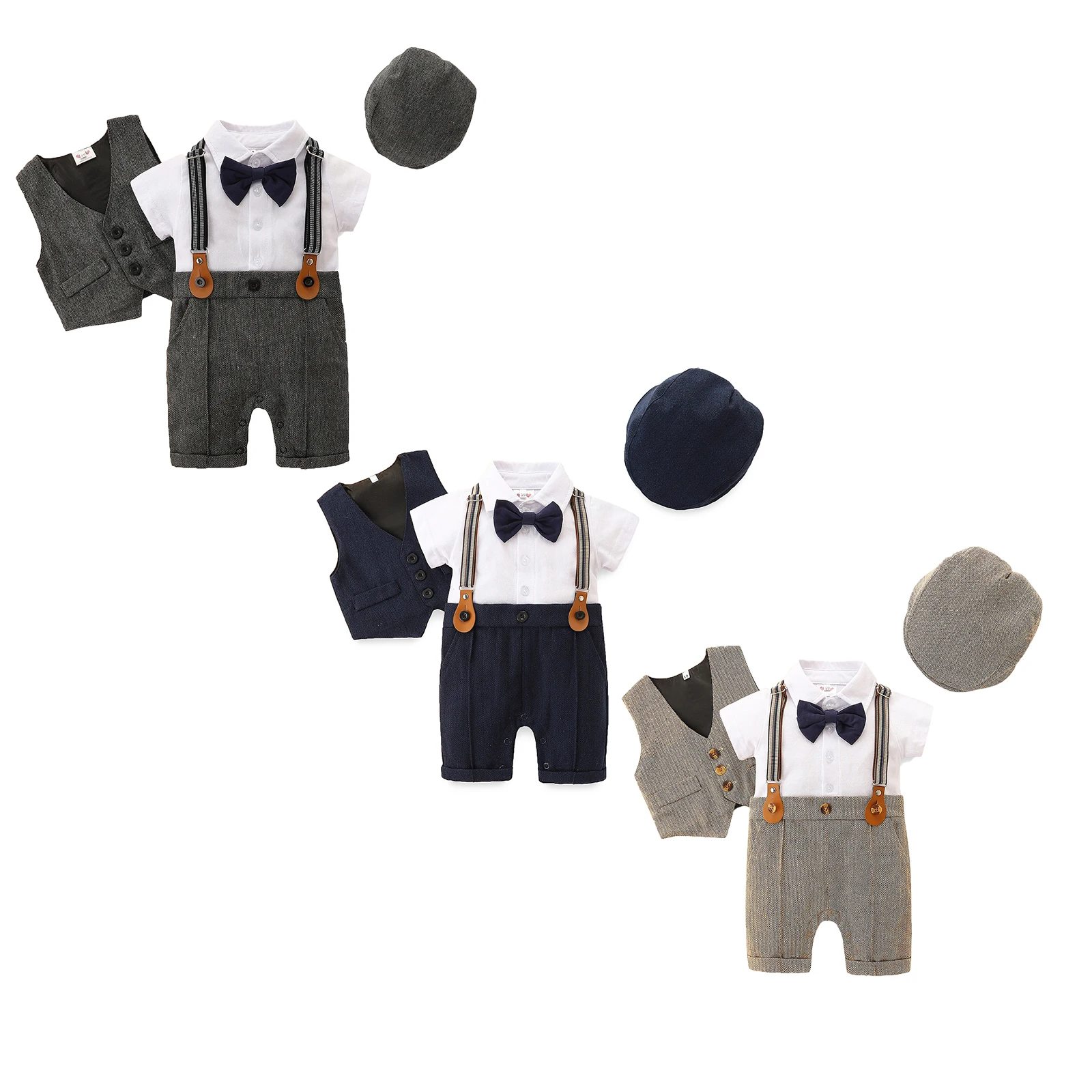 

Джентльменский комплект для мальчиков, комбинезон с бантом, короткий рукав, жилет, шапка, летний комплект одежды