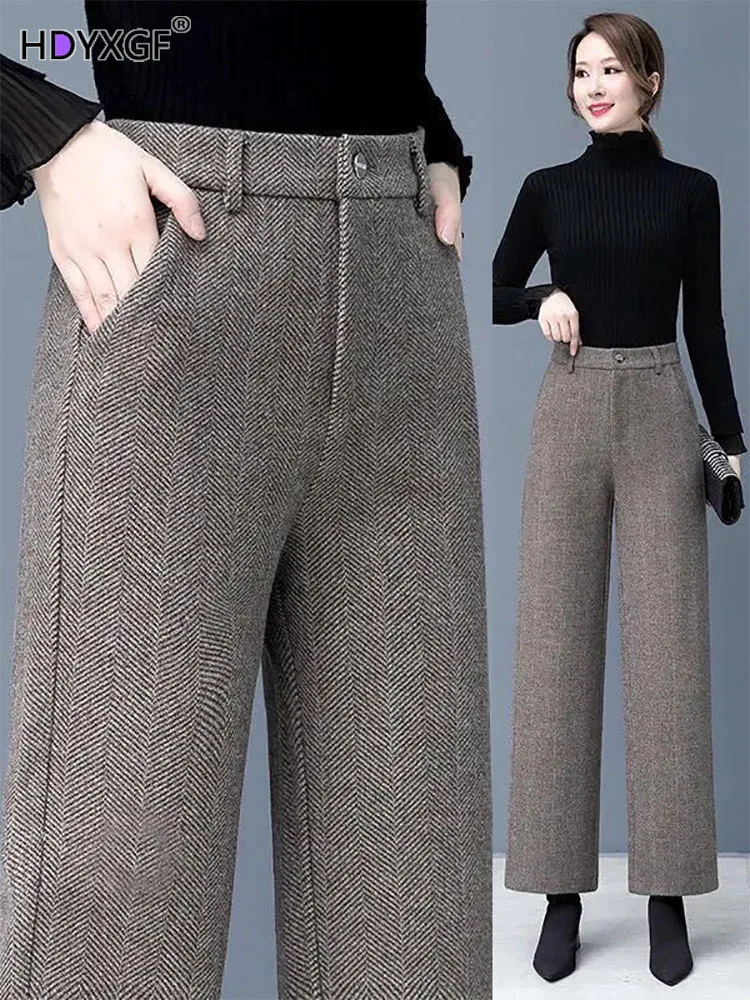 Women's Office Wool Fleece Thick Wide Leg Pants Autumn Winter Warm High Waist Straight Pantalones Plus Size S-3xl Casual Trouser