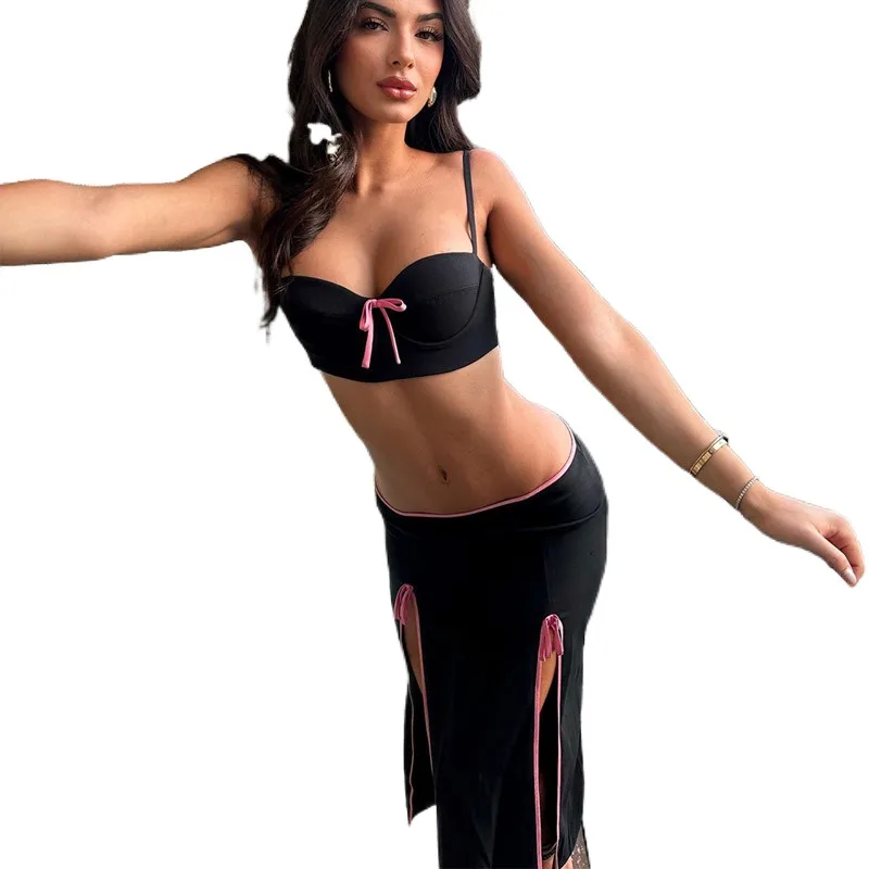 

2023 European And American Summer New Women's Contrast Color Split Sexy Strap Small Tank Top Half Skirt Set