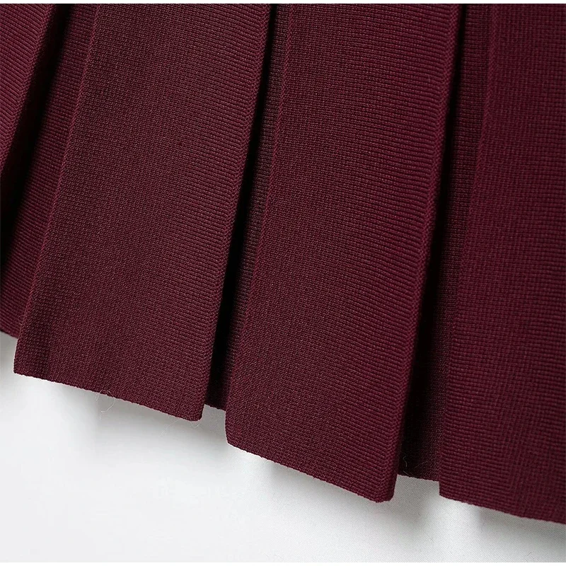 _ Women Skirts 2 Piece Set Burgundy Knitted Lapel Long Sleeve Button Cardigans Pleat High Waist A-line Skirt 2025 Lady Outfits