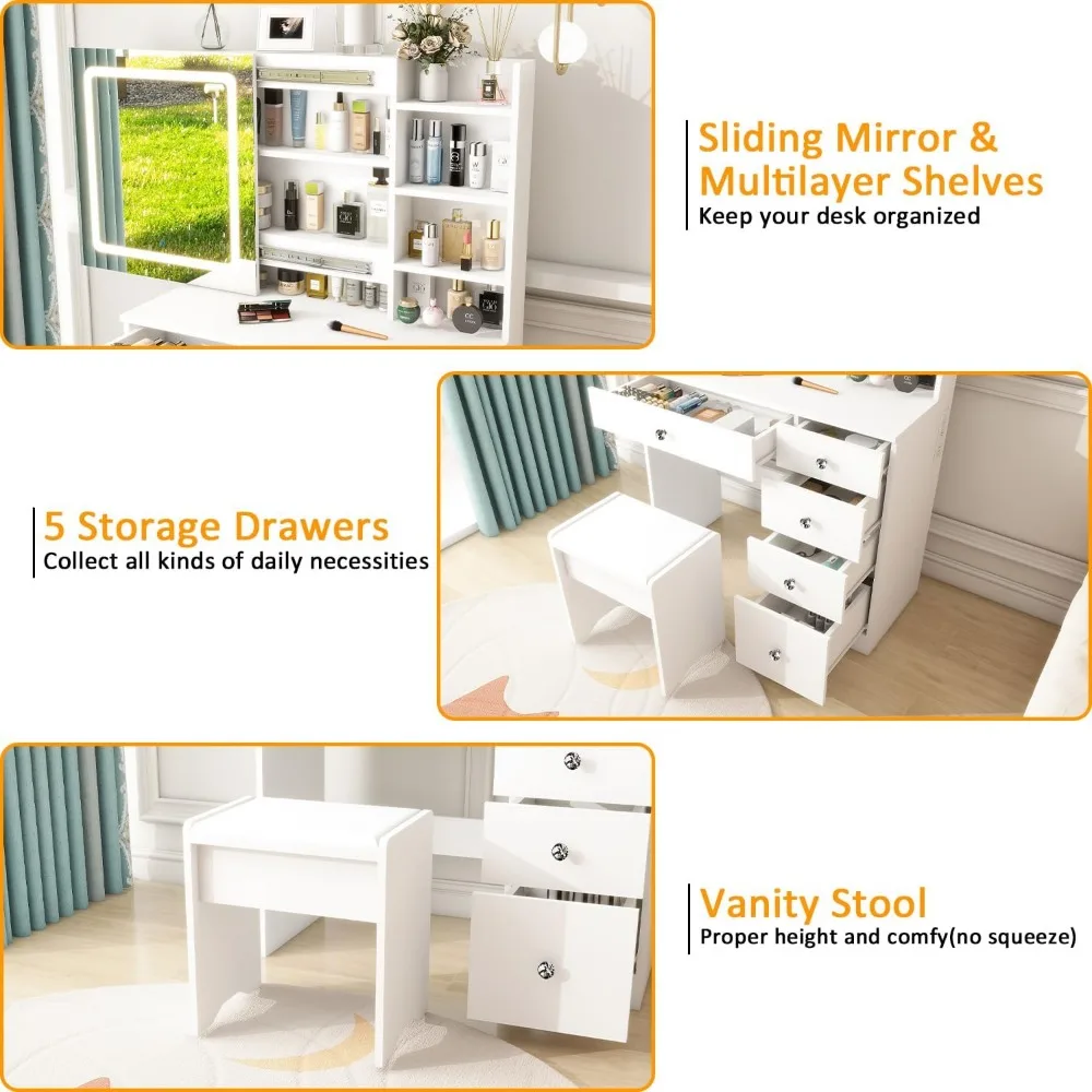 Vanity Desk Sliding Mirror and LED Lights & Charging Station, 35.4" White Vanity Table Set 5 Drawers & 7 Shelves,3 Light Modes