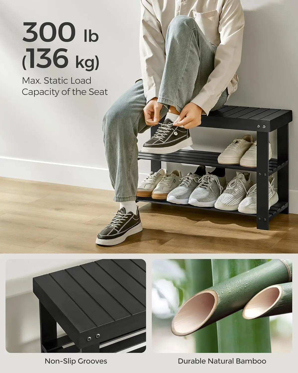 3-Tier Bamboo Shoe Rack Bench, Multifunctional, 5 Double Metal Hooks, for Entryway, Hallway, Bedroom