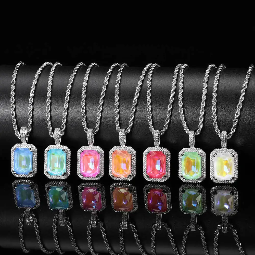 

Custom Hiphop Bling Cz Charms More Color Aquamarine Red Ruby Emerald Rose Gold Plated Magnolia Crystal Pendant With Rope Chain