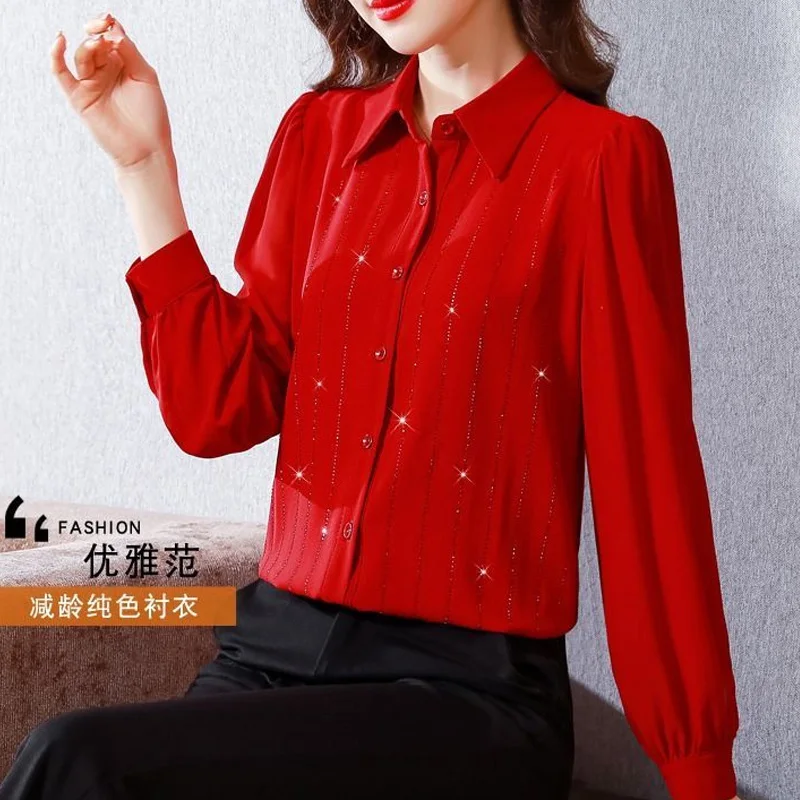 Spring Autumn New POLO Collar Long Sleeve Single Breasted Shirt Women Rhinestone Vintage Elegant All-match Temperament Blouse