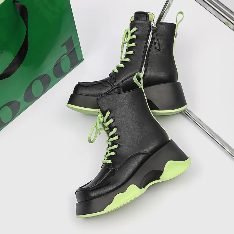 Square Toe British Style Boots Autumn Winter Platform Thick Sole Mid-calf Zipper Color Contrast Splicing Casual Short Boots