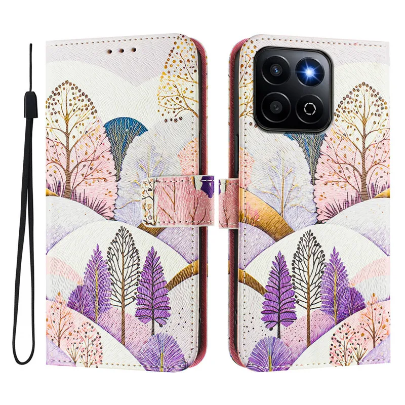 Leather Phone Case - Flip Cover Wallet with Magnetic Closure, Cat and Flower Design