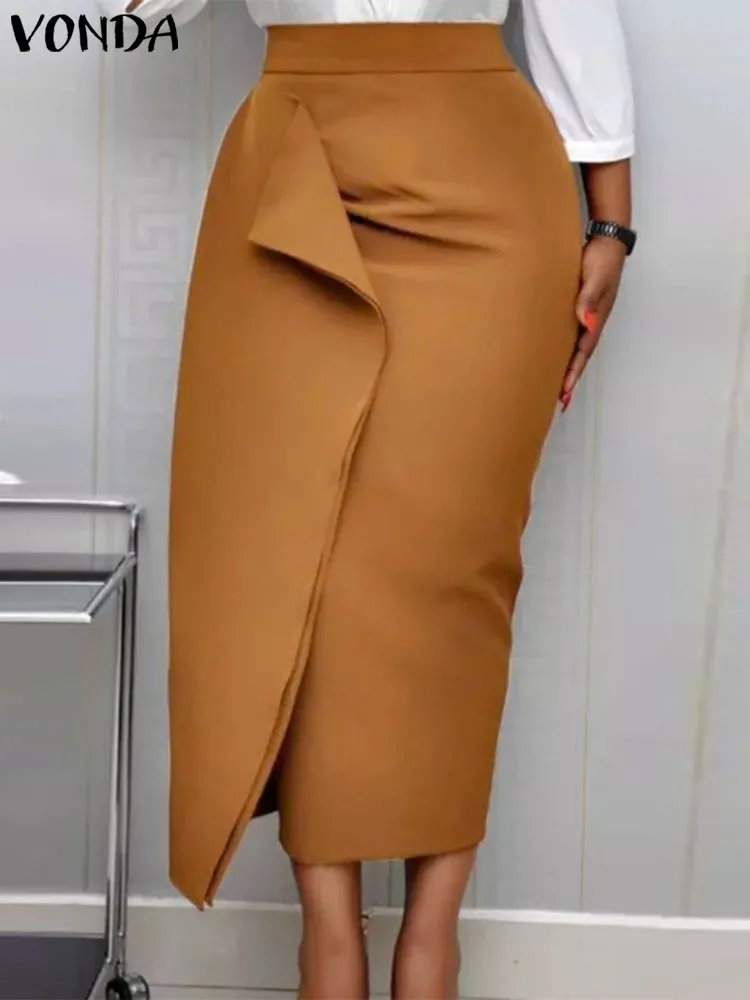 

VONDA 2023 Elegant Women Skirt Autumn High Waist Solid Midi Skirts Casual Party Package Pleated Hip Bodycon Skirts Oversized