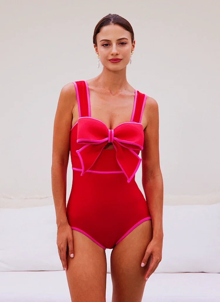 2024 New Women Vintage 3D Bow-tie One Piece Swimsuit Set Vacation  Swimwear Beachwear Bathing Suit Bikini Monokini  Bodysuit
