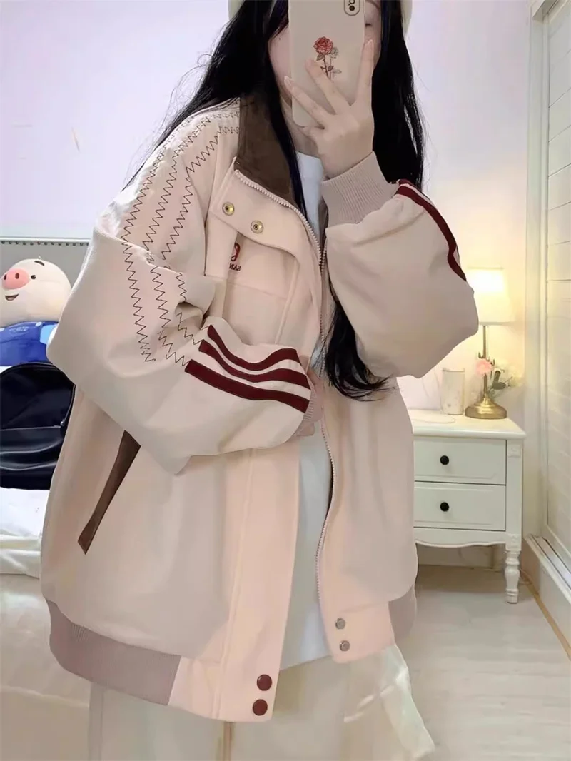 American Retro Baseball Jacket for Women Spring/Summer 2024 New Loose and Versatile Patchwork Design Pink Standing Collar Jacket