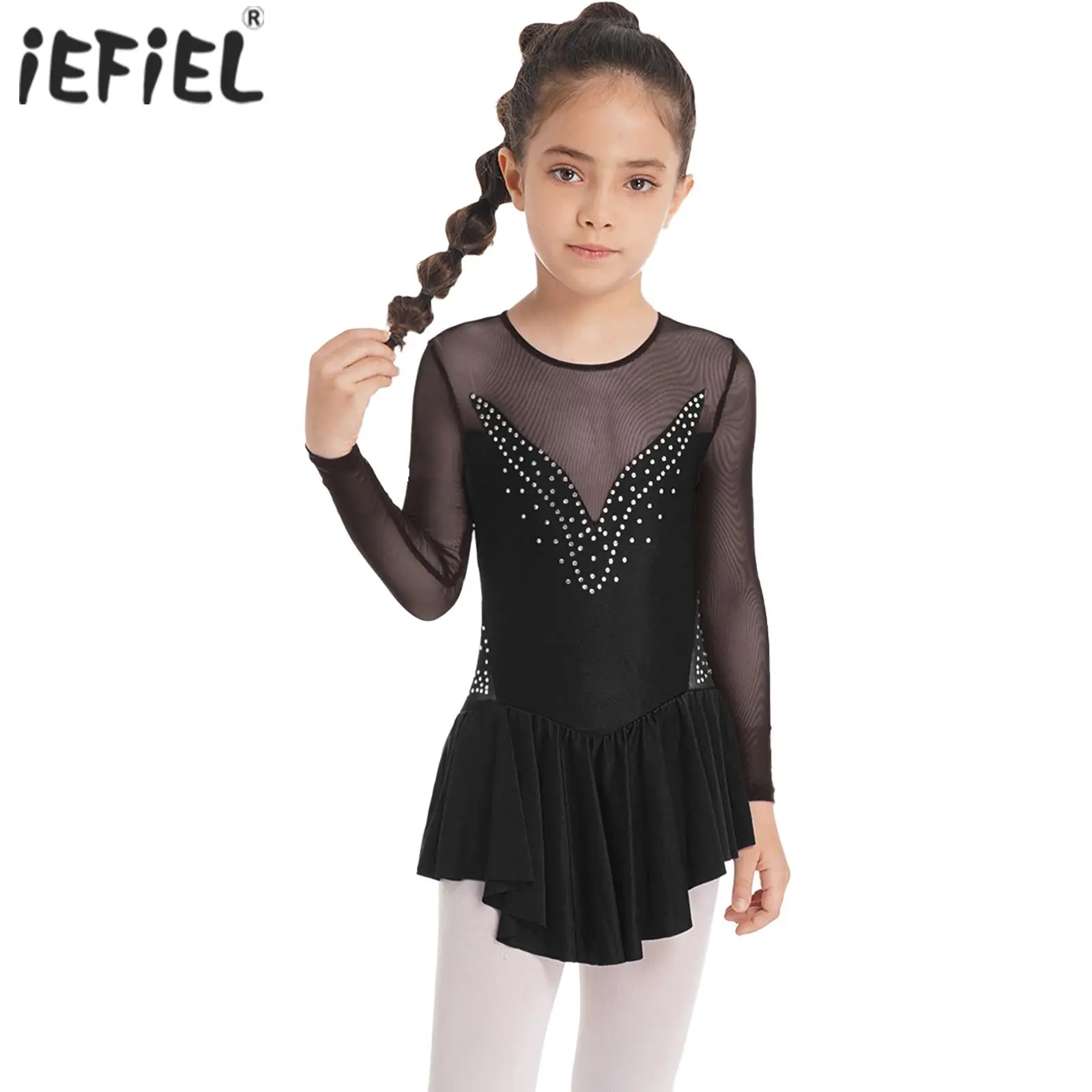 

Kids Girls Figure Ice Skating Costume Sparkling Rhinestone Hollow Back Dresses Ballet Dance Ballroom Competition Leotard Dress