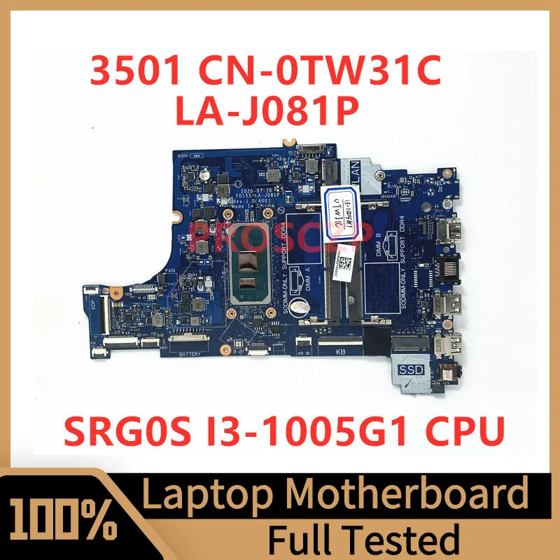 Mainboard para Dell 3501 Computador Portátil Placa-mãe com Srg0s I31005g1 Cpu Fdi55 La-j081p 100 Totalmente Testado Bom Cn0tw31c 0tw31c Tw31c