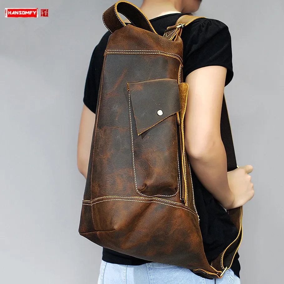 

New Genuine Leather Men's Backpack Men Shoulder Bag Multifunctional Male Travel Backpacks Vintage Handmade Crazy Horse Leather